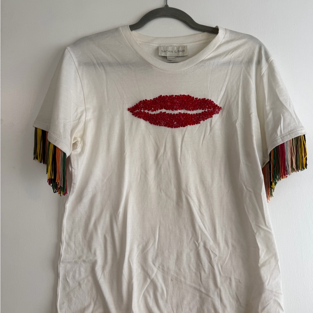 Sachin + Babi White Tee with Red Lips and Multicolor Fringe